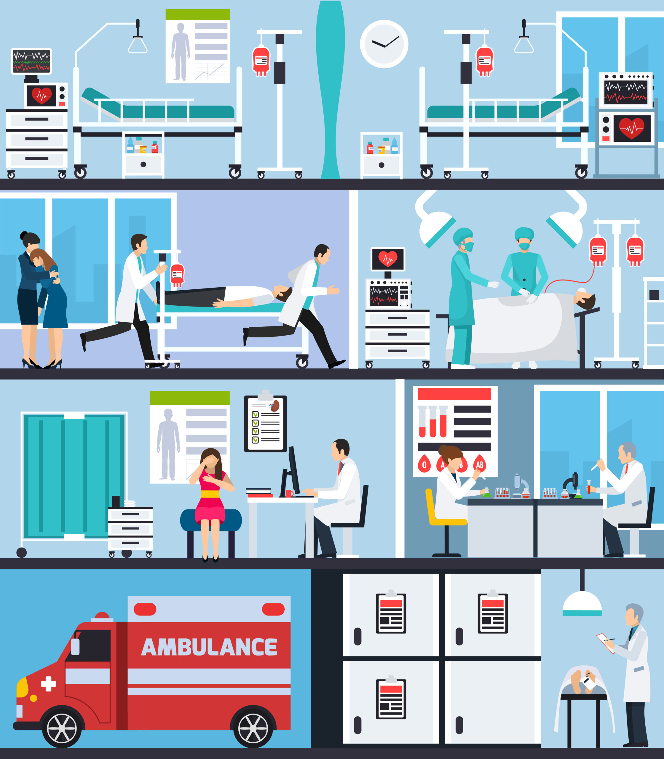 llustration of a hospital with various departments showing about our vision & care.