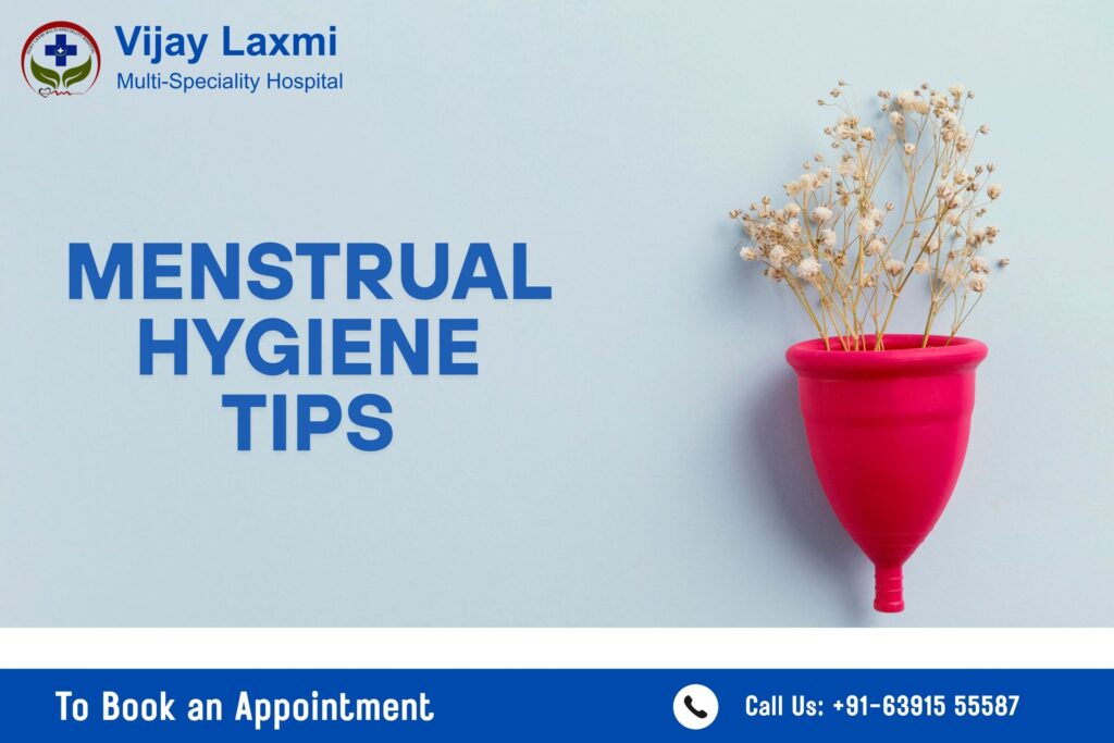 A banner showing menstrual cup with the text menstrual hygiene tips.