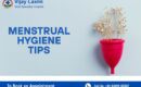 A banner showing menstrual cup with the text menstrual hygiene tips.