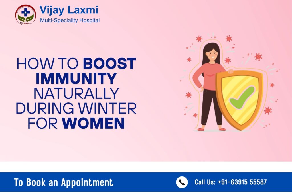 Illustration of a woman boosting immunity during winter with a protective shield, for Vijay Laxmi Multi-Speciality Hospital.