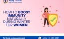 Illustration of a woman boosting immunity during winter with a protective shield, for Vijay Laxmi Multi-Speciality Hospital.