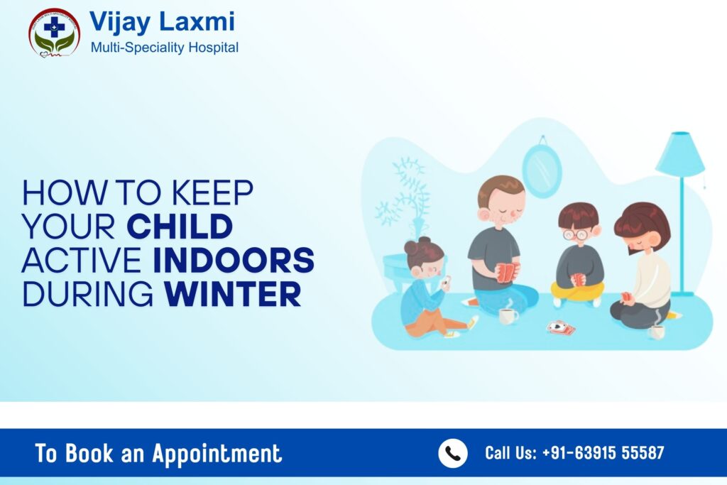 Illustration of children playing together indoors during winter, representing creative and healthy indoor activities for kids in winter.
