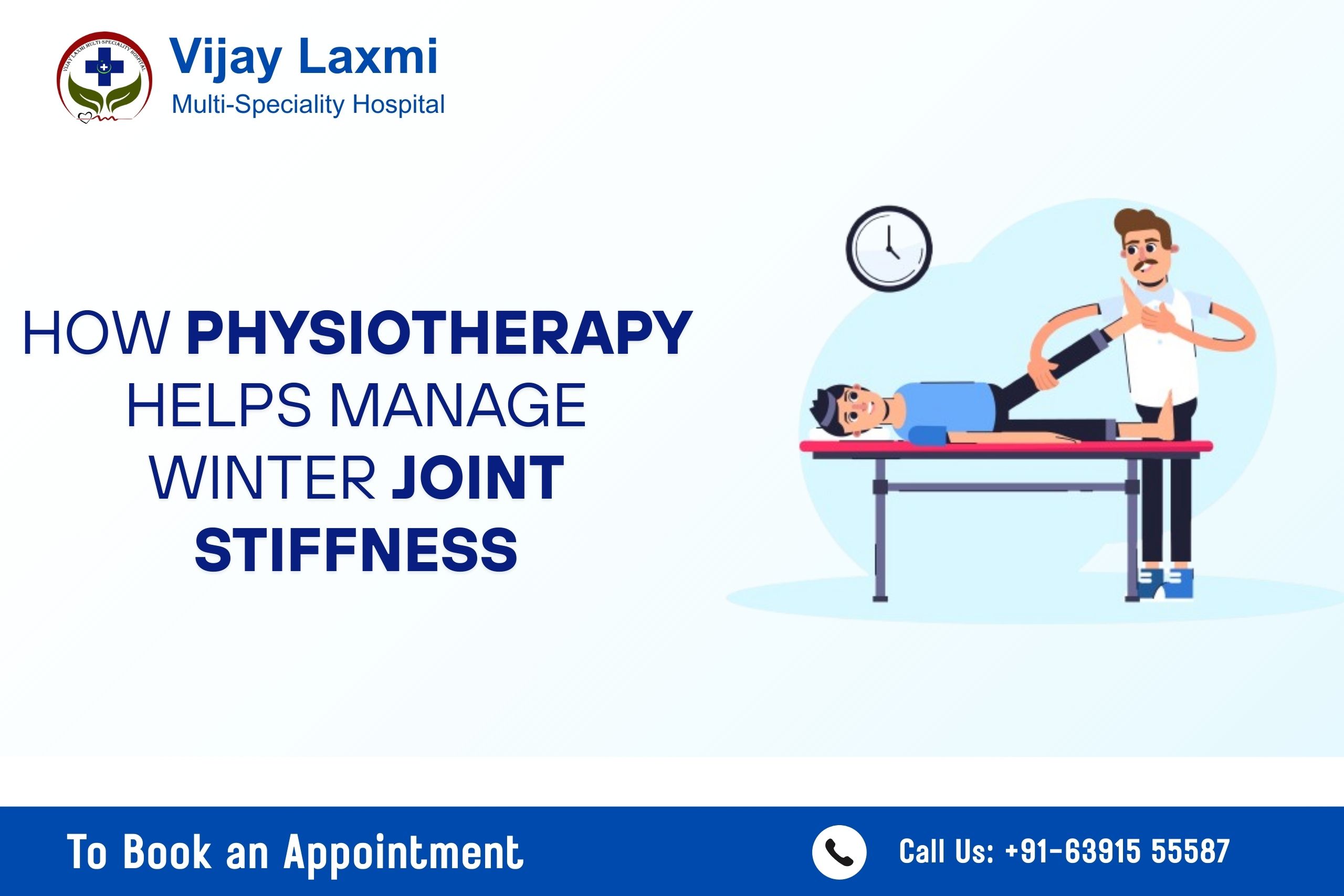 Physiotherapist guiding a patient through winter joint stiffness exercises as part of physiotherapy for arthritis at Vijay Laxmi Multi-Speciality Hospital.