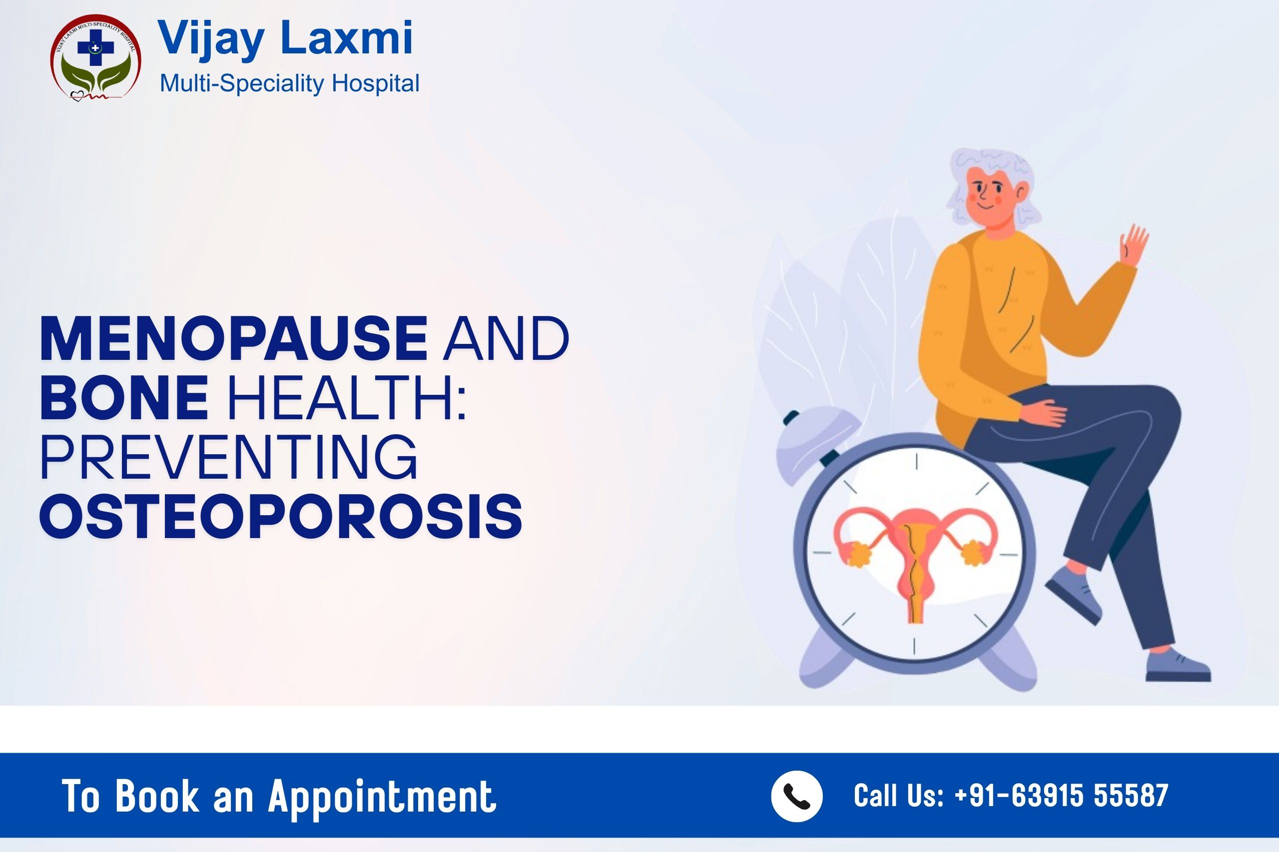 Menopause and bone health awareness illustration showing prevention of osteoporosis in postmenopausal women.