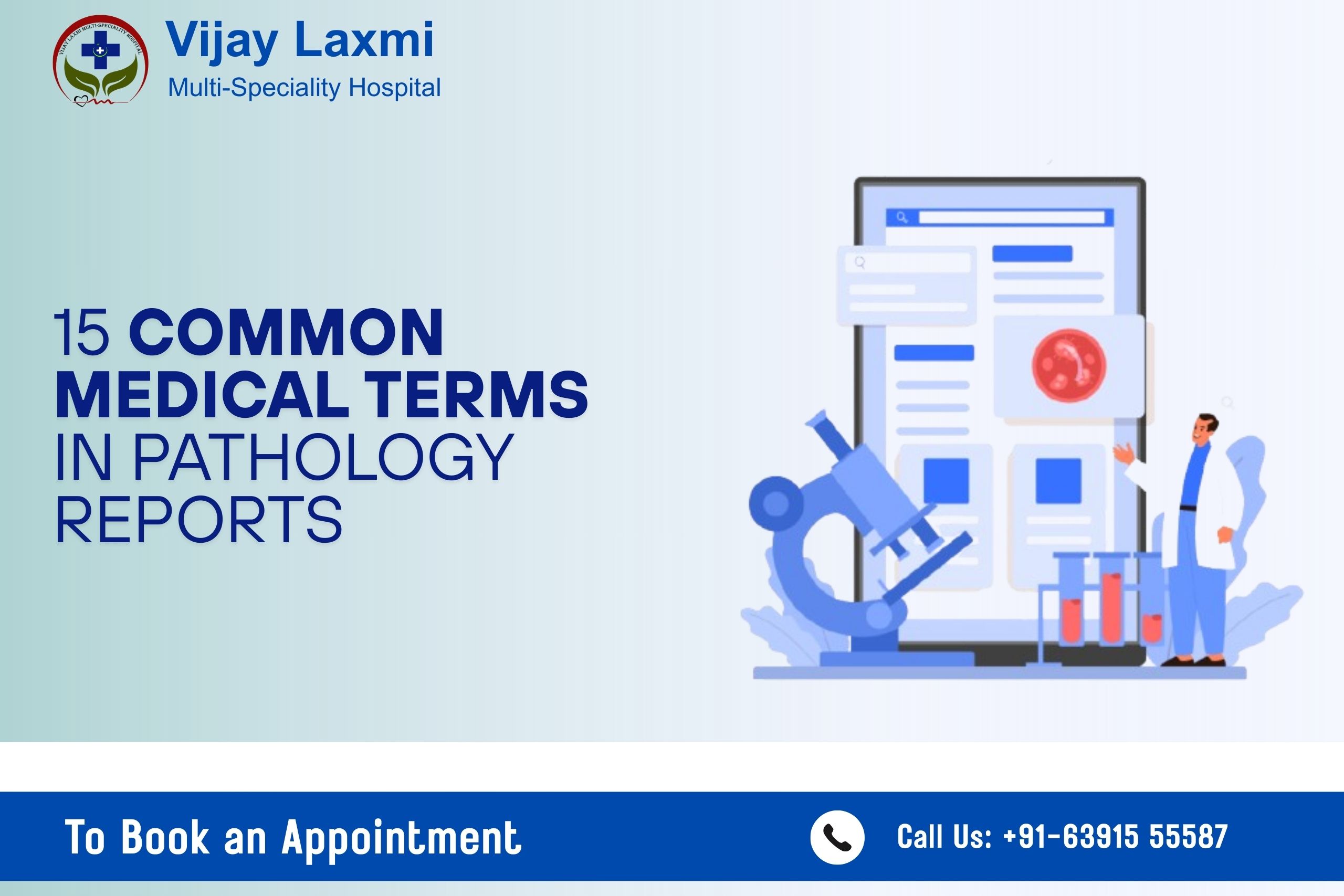 Illustration explaining medical terms in pathology reports with microscope, lab tests, and digital report graphic