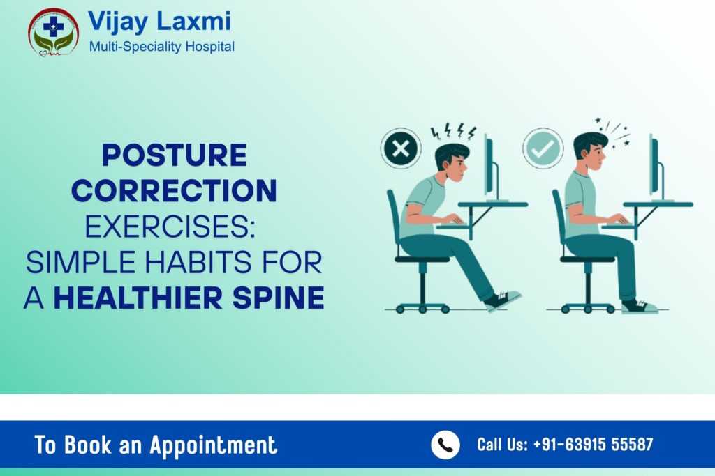 Illustration showing correct and incorrect sitting posture with posture correction exercises for a healthier spine, presented by Vijay Laxmi Multi-Speciality Hospital.