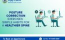 Illustration showing correct and incorrect sitting posture with posture correction exercises for a healthier spine, presented by Vijay Laxmi Multi-Speciality Hospital.