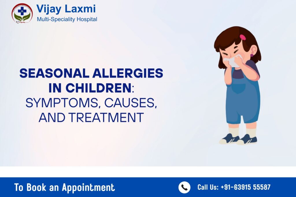seasonal allergies in children illustration showing a child sneezing with symptoms and pediatric guidance