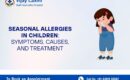 seasonal allergies in children illustration showing a child sneezing with symptoms and pediatric guidance