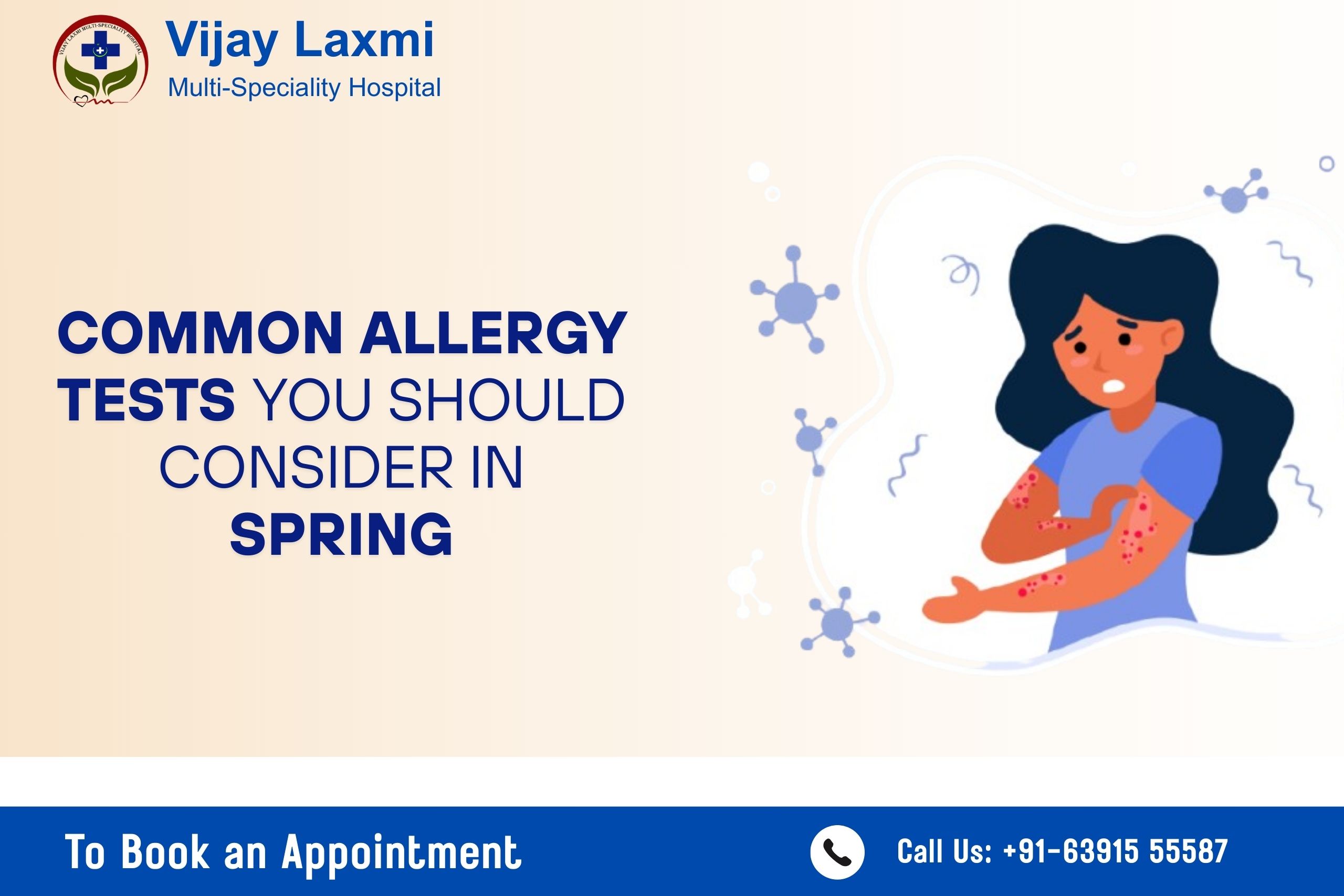 Allergy blood test in spring showing woman with skin allergy symptoms and immune reaction illustration at Vijay Laxmi Multi-Speciality Hospital.