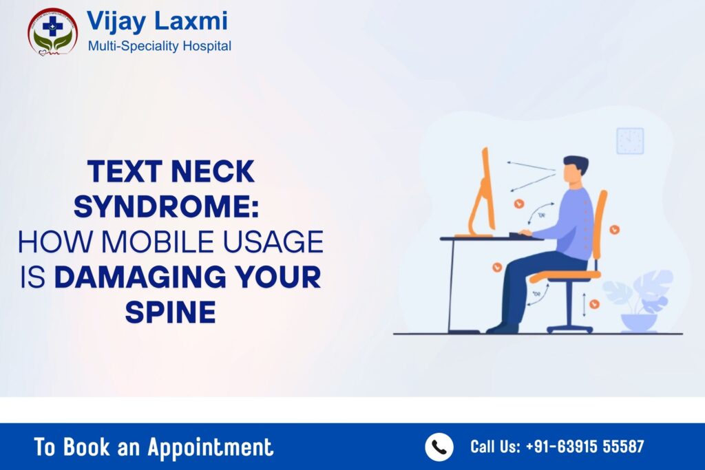 Illustration showing poor sitting posture leading to Text Neck Syndrome due to excessive mobile and screen usage.